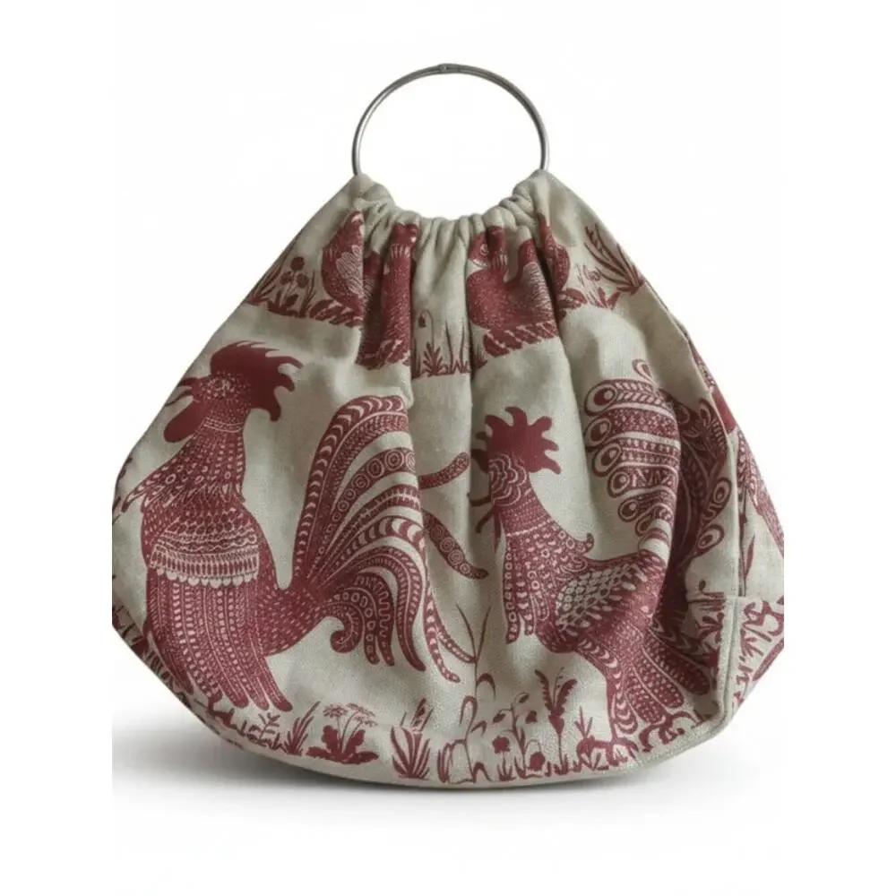 Vintage Rooster Bird Tapestry Ring Handle Bag Removable Cream Red Large
